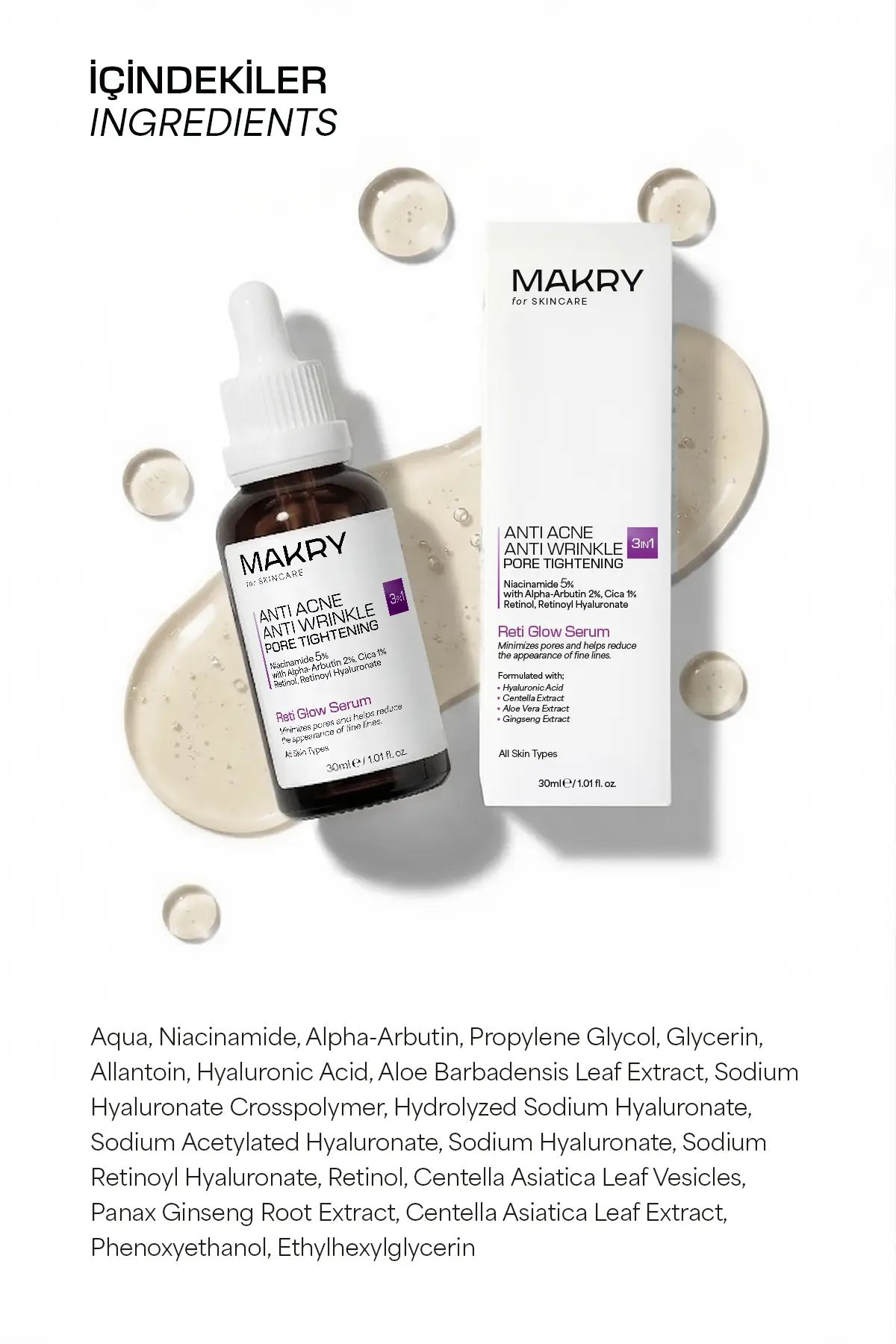 Retinol, Akne ve Kırışıklık Karşıtı Gözenek Bakım Serumu 3IN1 – Reti Glow 30 ml